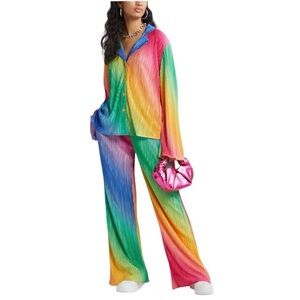 Dressed in LALA Notched Collar Plisse Rainbow Pants & Shirt Set Size 2X